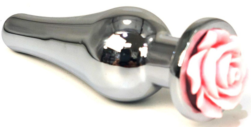 Серебристая удлиненная анальная пробка с розовой розой Vandersex 199-TSRPL (12,5 см)