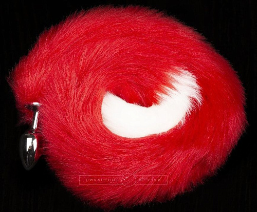 Серебристая анальная пробка с длинным красным хвостом Пикантные штучки DP11S005M2-3SRW