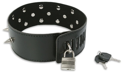 Чёрный широкий ошейник с заклёпками и шипами Пикантные штучки DP072
