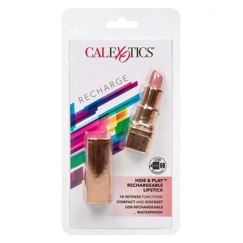 Золотистый вибратор-помада с бежевым мягким кончиком California Exotic Novelties Hide Play Rechargeable Lipstick SE-2930-20-2