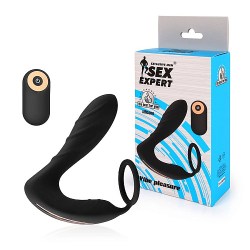 Чёрный анальный вибромассажёр простаты с эрекционным кольцом Bior toys SEM-55181