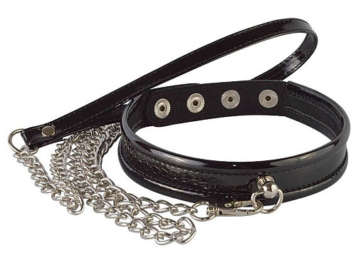Чёрный лаковый узкий ошейник с металлическим поводком Sitabella 5038-10