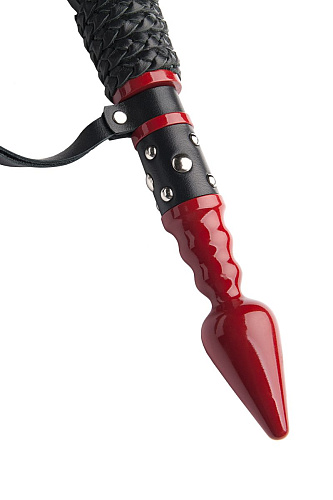 Чёрный кожаный флоггер с красной точёной ручкой ToyFa 700035 (60 см)