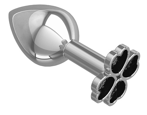 Средняя серебристая анальная втулка с клевером из чёрных кристаллов Сумерки богов 529-09 black-DD (8,5 см)