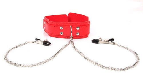 Красный ошейник на регулируемом ремешке с металлическими зажимами для сосков Bior toys NTU-80340-3