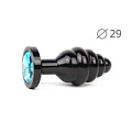 Коническая ребристая чёрная анальная втулка с голубым кристаллом Anal Jewelry Plug ABCK-05-S (7,1 см)