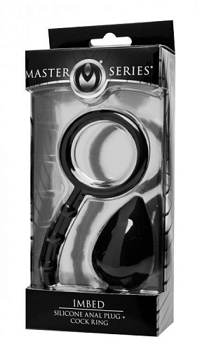 Чёрное эрекционное кольцо с каплевидной анальной пробкой XR Brands Imbed Silicone Anal Plug and Cock Ring AE690