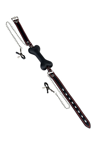 Чёрный кляп-трензель в виде косточки с зажимами для сосков ToyFa Theatre 708026