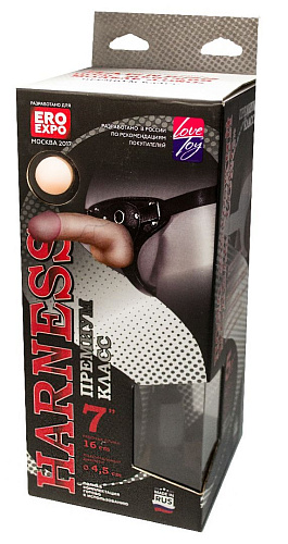 Телесный с чёрным кожаный пояс харнесс премиум класса с 3 насадками LOVETOY (А-Полимер) WOMAN LONG 303803