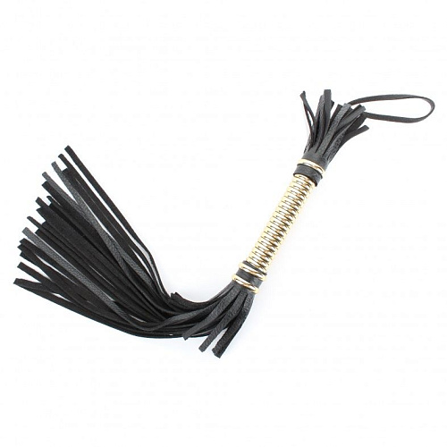 Чёрная кожаная плётка с золотистой рукоятью БДСМ арсенал 54013 (50 см)