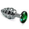 Серебристая анальная пробка с изумрудным кристаллом и рёбрышками Lovetoy Silver Small RO-SSR03 (7,6 см)
