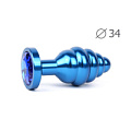Коническая ребристая синяя анальная втулка с синим кристаллом Anal Jewelry Plug ABL-13-M (8 см)