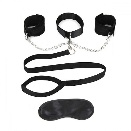 Чёрный ошейник с наручниками и поводком Collar Cuffs   Leash Set Lux Fetish LF1805