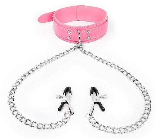 Розовый ошейник с зажимами на соски на цепочке Bior toys NTB-80549