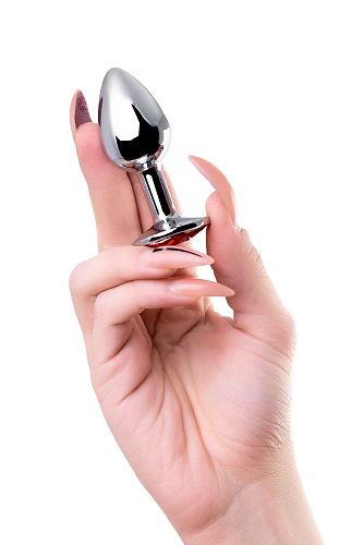 Серебристая коническая анальная пробка с красным кристаллом Штучки-дрючки 690105 (7 см)