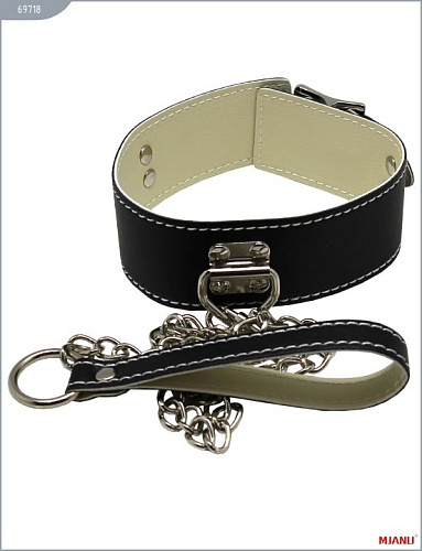 Чёрный кожаный ошейник с фиксацией и поводком-цепью X-Market Ltd 69718