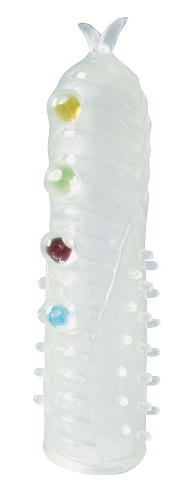 Закрытая белая насадка на пенис с шариками и усиками Bior toys Crystal Sleeve EE-10106 (14 см)