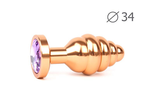 Коническая ребристая золотистая анальная втулка с сиреневым кристаллом Anal Jewelry Plug AG-15-M (8 см)