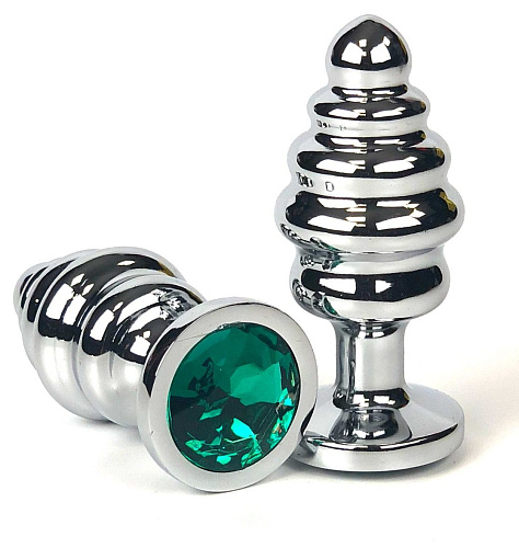 Серебристая ребристая анальная пробка с зелёным кристаллом Vandersex 185-RGS (6 см)