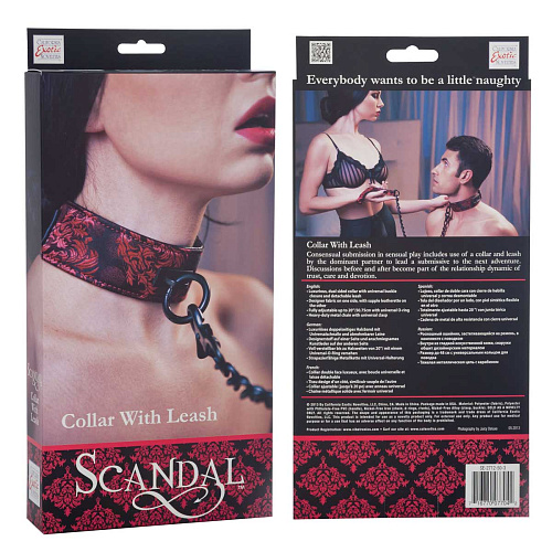 Чёрный с красным атласный ошейник с цепью California Exotic Novelties Scandal Collar with Leash SE-2712-50-3