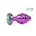 Коническая ребристая фиолетовая анальная втулка с зелёным кристаллом Anal Jewelry Plug AV-07-S (7,1 см)