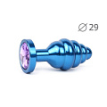 Коническая ребристая синяя анальная втулка с сиреневым кристаллом Anal Jewelry Plug ABL-15-S (7,1 см)