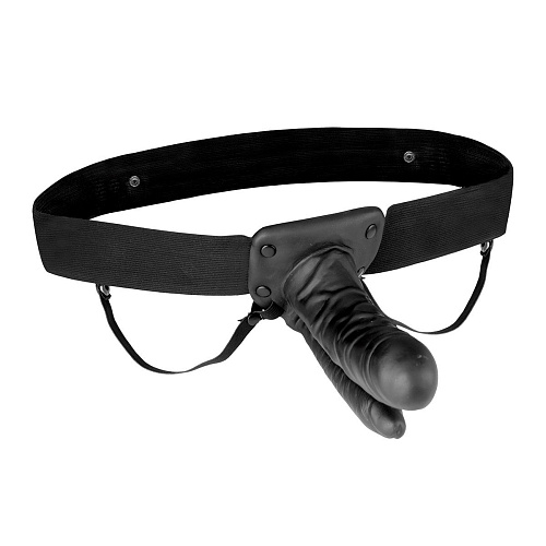 Полый страпон чёрного цвета с двумя отростками и вибрацией Lux Fetish Unisex Vibrating Hollow Strap-On Double Penetrating Dildo LF5305 (17,8 см)