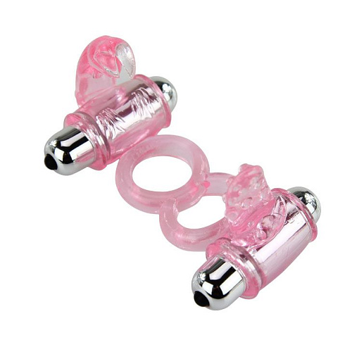 Розовое эрекционное кольцо с вибростимуляцией клитора и мошонки Baile BI-014079-0101