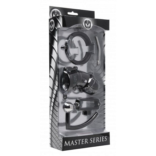 Чёрный стальной пояс верности O-Products Oppressor Male Confinement Chastity Cage with Ball Clamp and Anal Hook 118-XR-AD