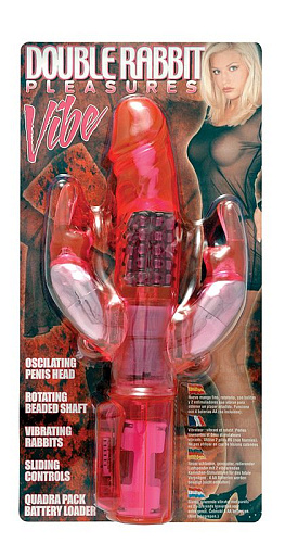 Розовый вибратор с вращающимися шариками и двумя отростками-зайцами Seven Creations 2K753CPR BCD GP (25 см)