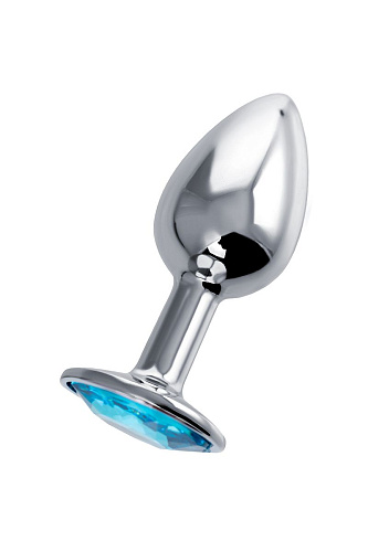 Серебристая анальная втулка с голубым стразом Штучки-дрючки 690119 (7 см)