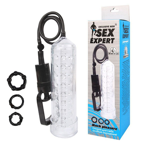 Прозрачная вакуумная помпа для увеличения пениса с 3 эрекционными кольцами Bior toys SEM-55125