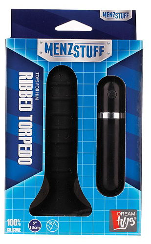 Чёрный вибромассажёр для анальной стимуляции Dream Toys MENZSTUFF RIBBED TORPEDO 20721 (13 см)