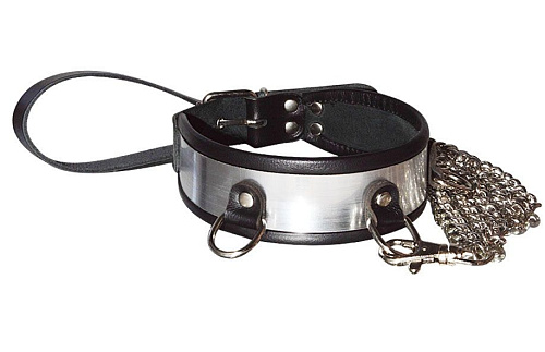 Чёрный стильный ошейник с металлическим блеском и поводком Sitabella 3169