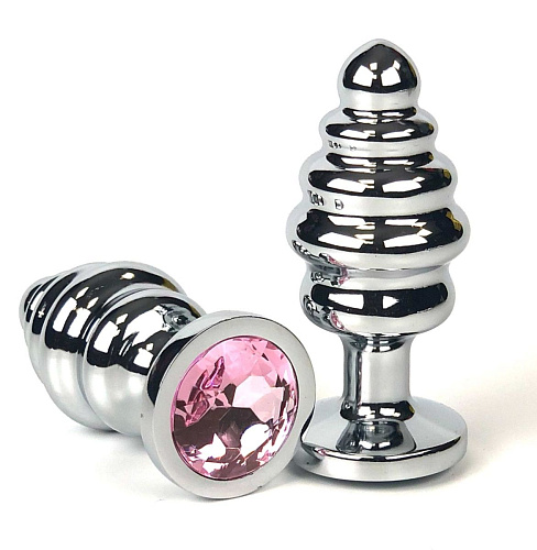 Серебристая ребристая анальная пробка с кристаллом нежно-розового цвета Vandersex 185-RP1S (7 см)