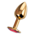 Золотистая гладкая коническая анальная пробка с красным кристаллом Штучки-дрючки 690123 (7 см)