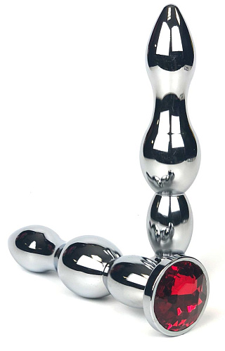 Серебристая удлиненная анальная пробка-ёлочка с красным кристаллом Vandersex 159-MA5 (12 см)