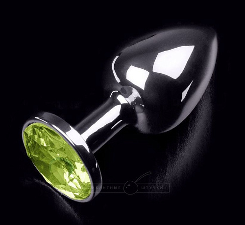 Cеребристая анальная пробка с салатовым кристаллом Пикантные штучки DPRSS252BG (7 см)