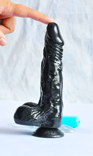 Чёрный вибромассажёр-реалистик с мошонкой на присоске с выносным пультом Sextoy 2011 00389 (22,5 см)