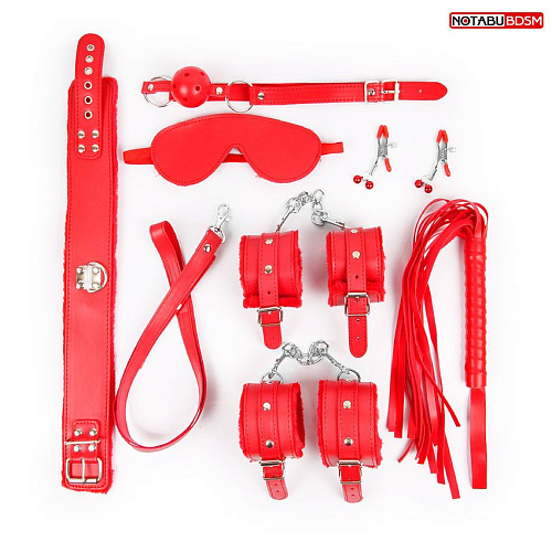 Большой набор БДСМ в красном цвете (маска, кляп, зажимы, плётка, ошейник, наручники, оковы) Bior toys NTB-80611