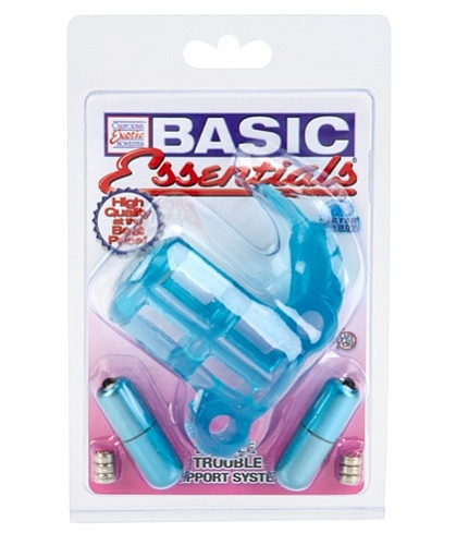 Нежно-голубое эрекционное кольцо с 2 вибраторами California Exotic Novelties BASIC ESSENTIAL SE-1739-12-2