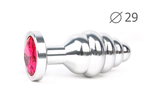Коническая ребристая серебристая анальная втулка с малиновым кристаллом Anal Jewelry Plug AS-14-S (7,1 см)