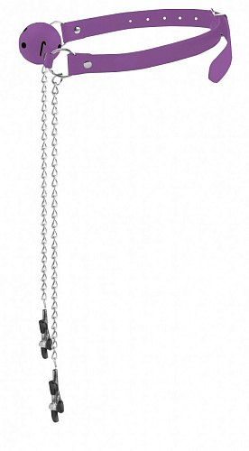 Фиолетовый резиновый кляп-шар с зажимами для сосков Shots Media BV OU151PUR