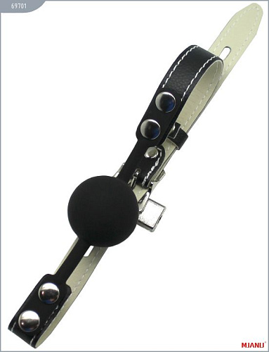 Чёрный силиконовый кляп с фиксацией чёрными кожаными ремешками MJANU 69701
