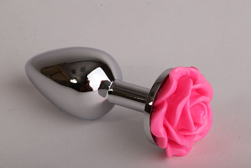 Серебристая анальная пробка с розовой розочкой 4sexdreaM 47181 (7,6 см)