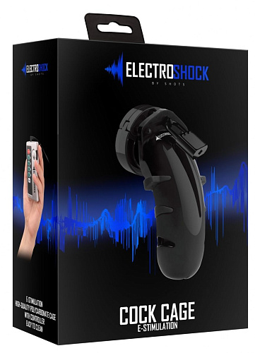 Чёрный мужской пояс верности с электростимуляцией Shots Media BV E-stim Cockcage ELC012BLK