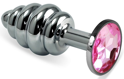 Серебристая ребристая анальная пробка с нежно-розовым стразом Vandersex 180-P1 (8 см)