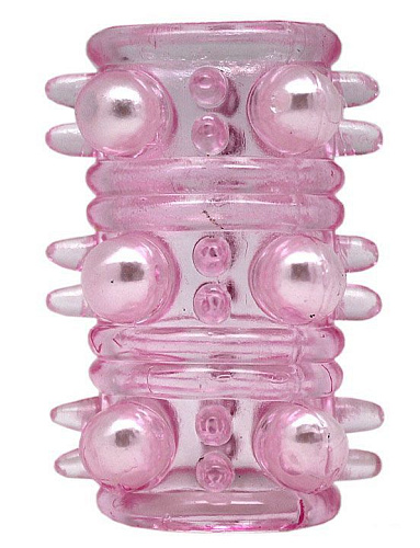 Розовая сквозная насадка с бусинками Eroticon 31008 (5,3 см)