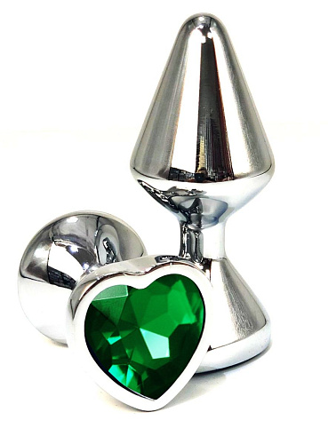 Серебристая анальная пробка с зелёным кристаллом-сердцем Vandersex 400-UHG (8 см)