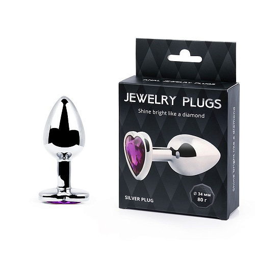 Серебристая анальная пробка с фиолетовым кристаллом-сердечком Anal Jewelry Plug MCH-04 (8 см)